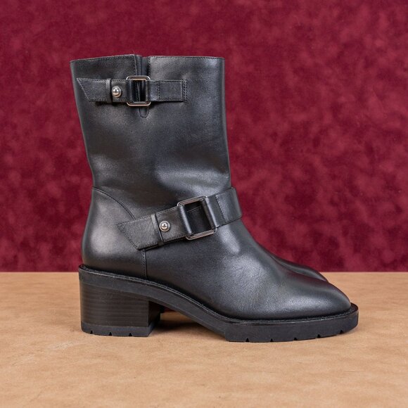 Stuart Weitzman Women Boulevard Black Leather Moto Buckle Mid Calf Boots sz 9 - Picture 4 of 8